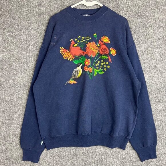 VTG WOMEN SIZE XLARGE CARDINAL BIRD‎ FLOWER GRAPHIC SWEATSHIRT - Picture 1 of 9
